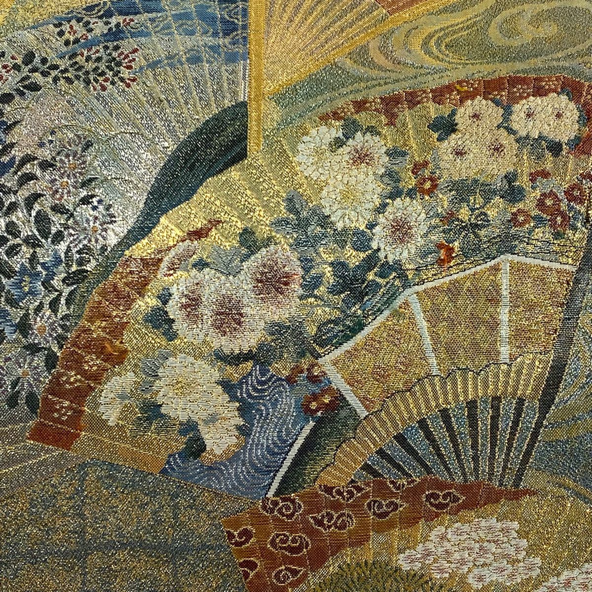 【庫存清倉】 【美品】 袋帶 名品級 附落款 徳川美術館秘藏 扇子 流水 金金箔 金色 大鼓圖案 純蠶絲