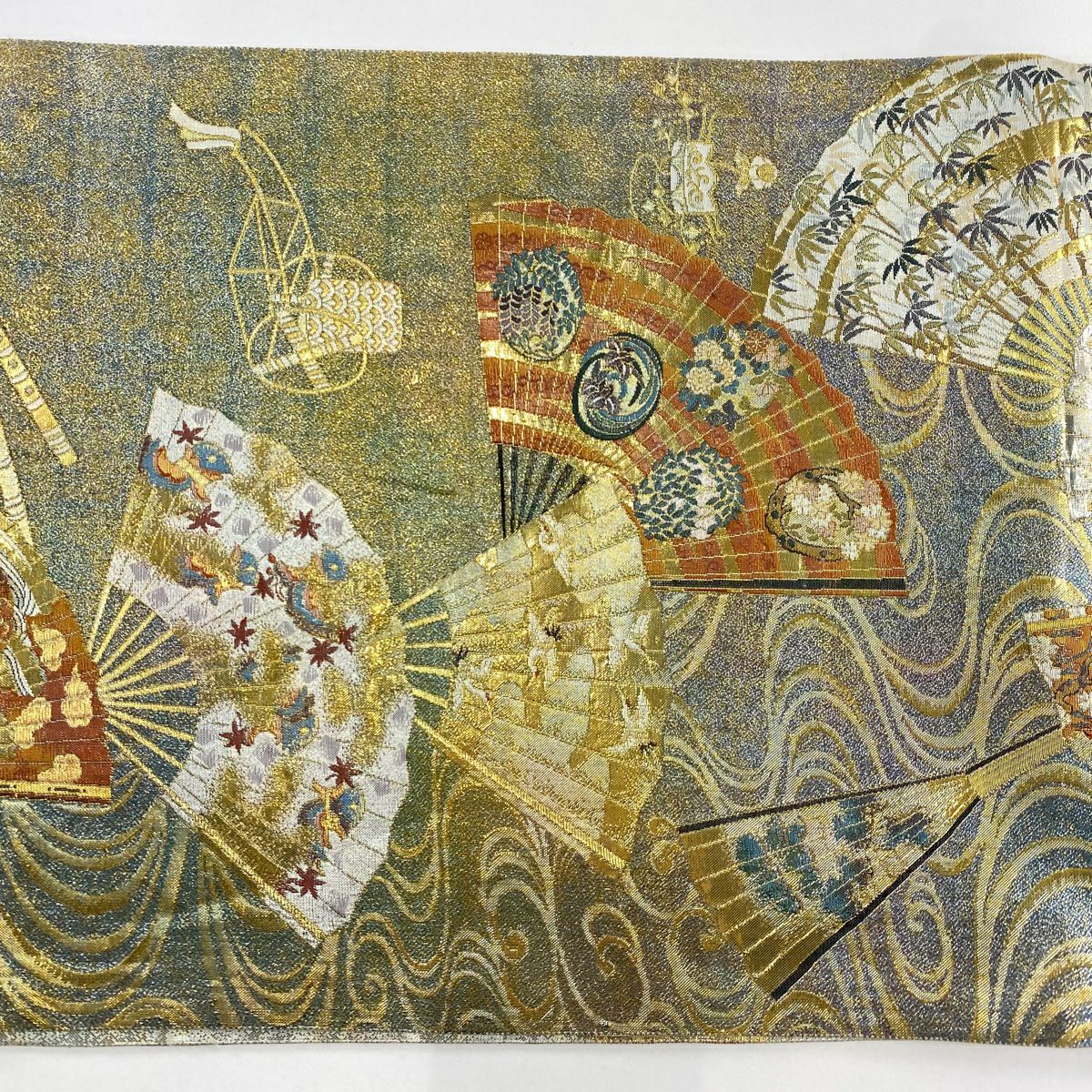 【庫存清倉】 【美品】 袋帶 名品級 附落款 徳川美術館秘藏 扇子 流水 金金箔 金色 大鼓圖案 純蠶絲
