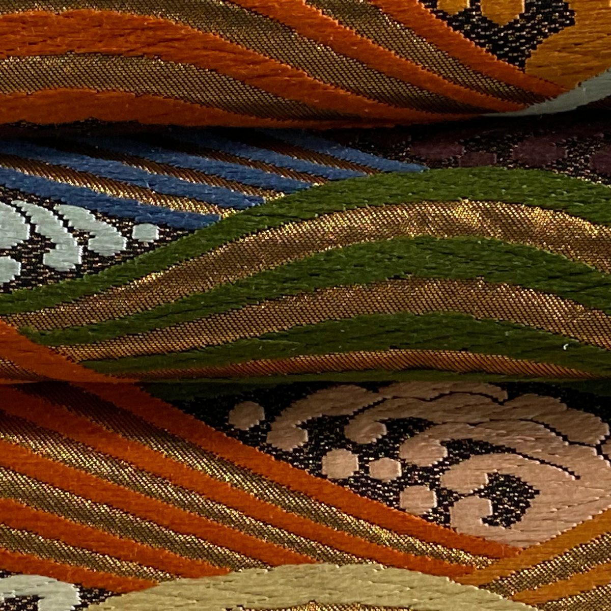 袋帶 逸品級 河合美術織物 落款 波 波頭 唐織 金金箔 金色 六通 純蠶絲