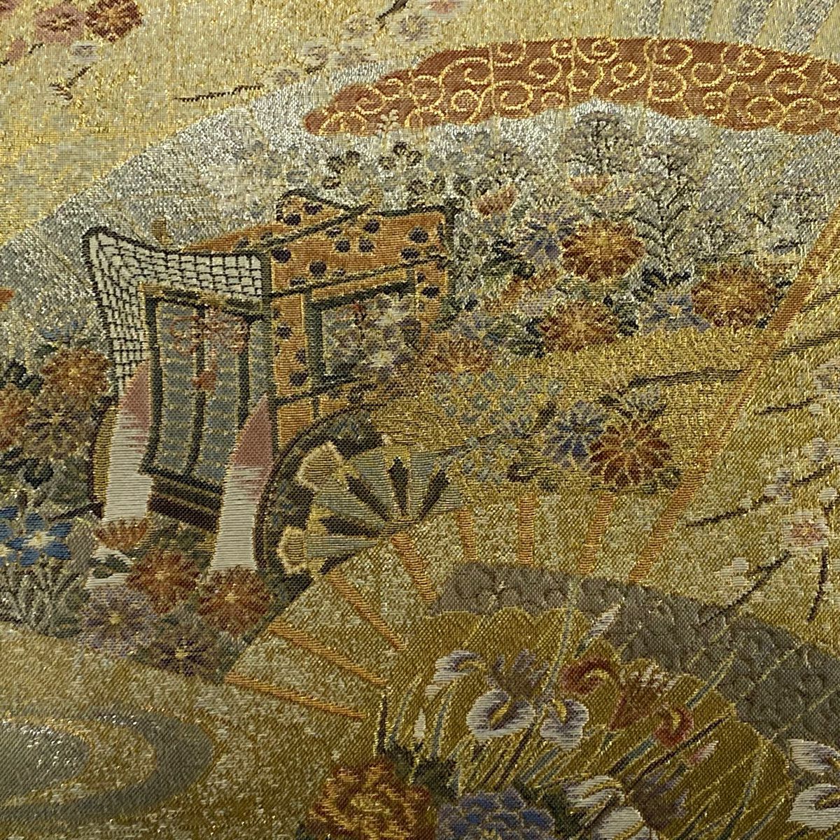 【美品】 袋帶 逸品級 桃山扇子面展風文 金金箔 金色 大鼓圖案 純蠶絲