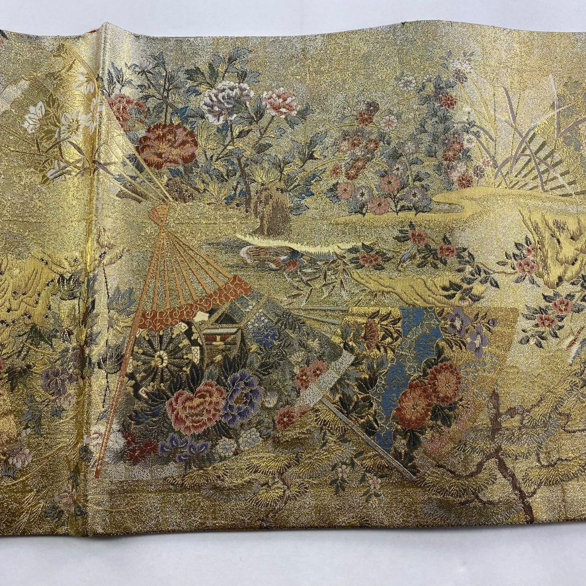 【美品】 袋帶 逸品級 桃山扇子面展風文 金金箔 金色 大鼓圖案 純蠶絲