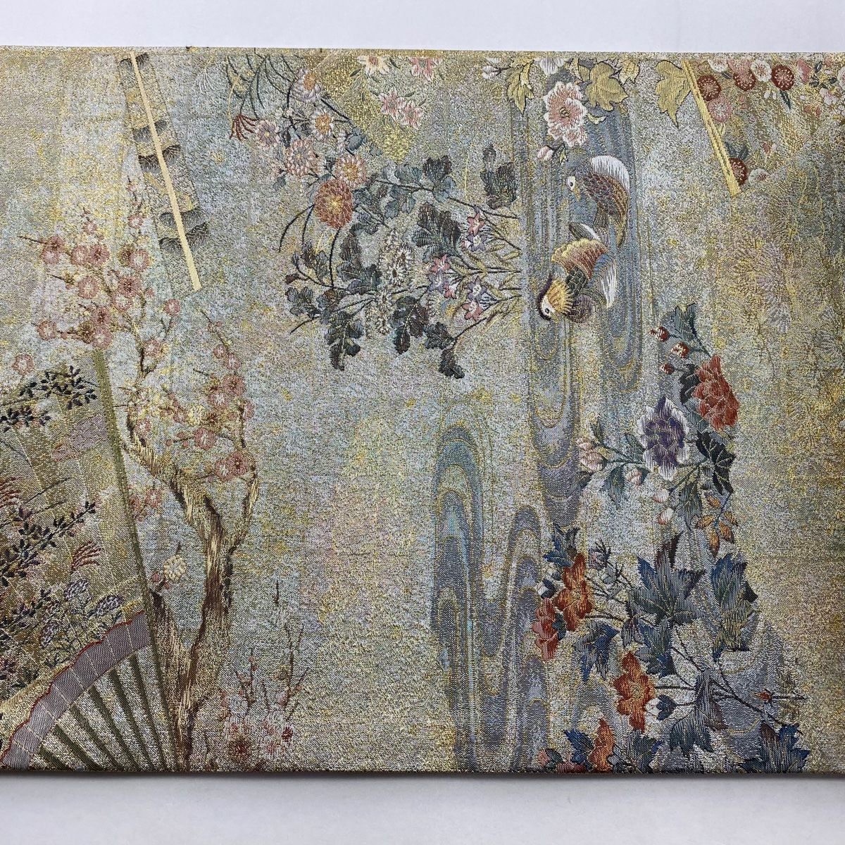 【美品】 袋帶 逸品級 桃山扇子面展風文 金金箔 金色 大鼓圖案 純蠶絲