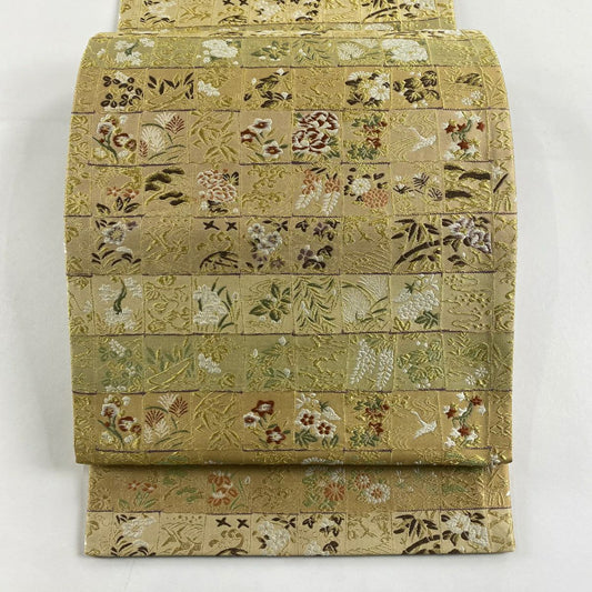 【庫存清倉】 【美品】 袋帶 名品級 草花紋紋 鳥 金絲 米色 六通 純蠶絲