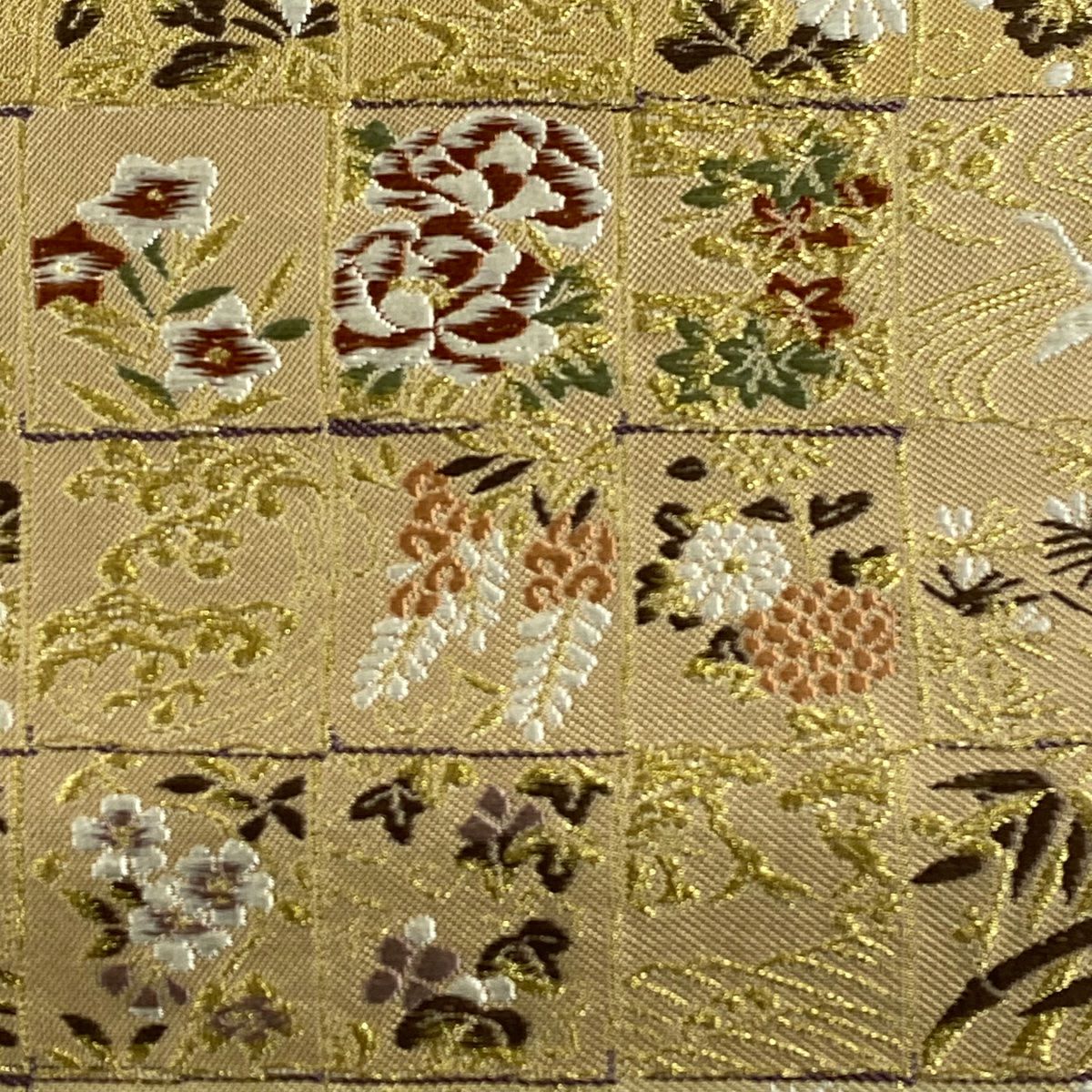 【庫存清倉】 【美品】 袋帶 名品級 草花紋紋 鳥 金絲 米色 六通 純蠶絲