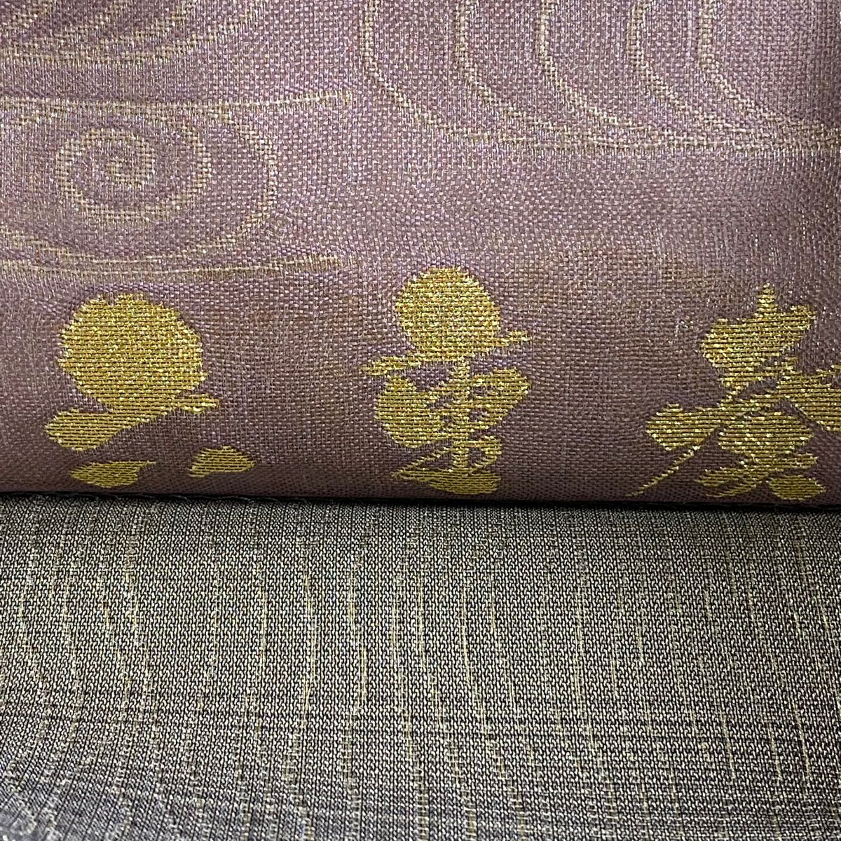 【庫存清倉】 袋帶 名品級 花唐草紋 變化市松樹 金銀彩 灰紫 六通 純蠶絲
