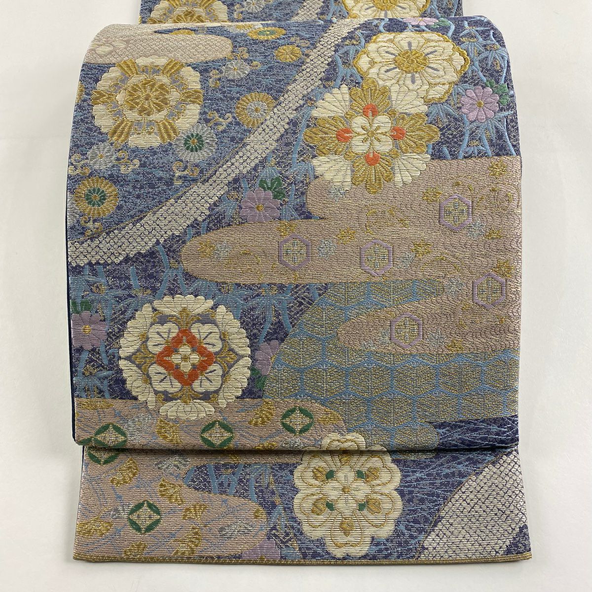 【庫存清倉】 【美品】 袋帶 名品級 華紋 ヱ霞 金銀線 金金箔 青灰 深藍色 六通 純蠶絲