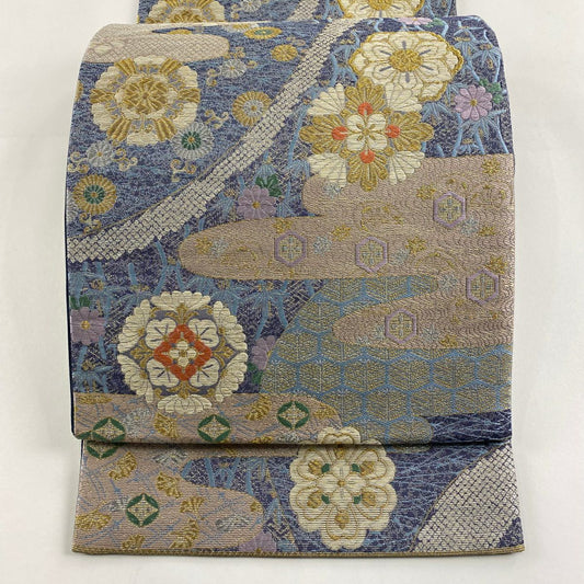 【庫存清倉】 【美品】 袋帶 名品級 華紋 ヱ霞 金銀線 金金箔 青灰 深藍色 六通 純蠶絲