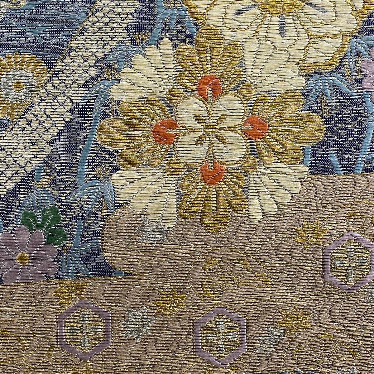 【庫存清倉】 【美品】 袋帶 名品級 華紋 ヱ霞 金銀線 金金箔 青灰 深藍色 六通 純蠶絲