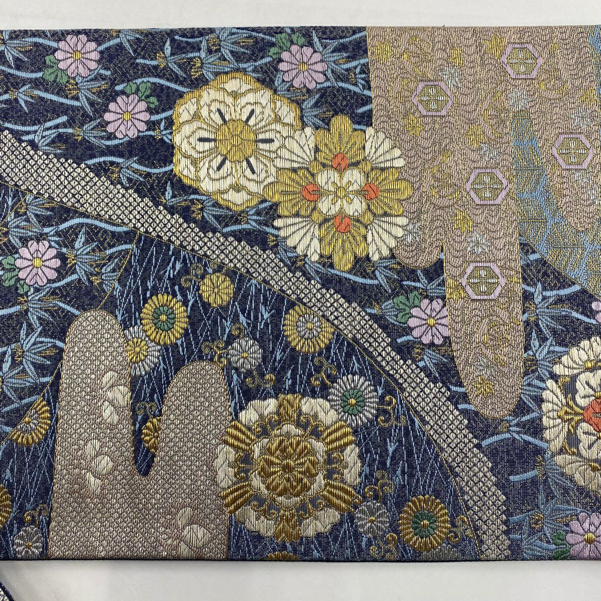 【庫存清倉】 【美品】 袋帶 名品級 華紋 ヱ霞 金銀線 金金箔 青灰 深藍色 六通 純蠶絲