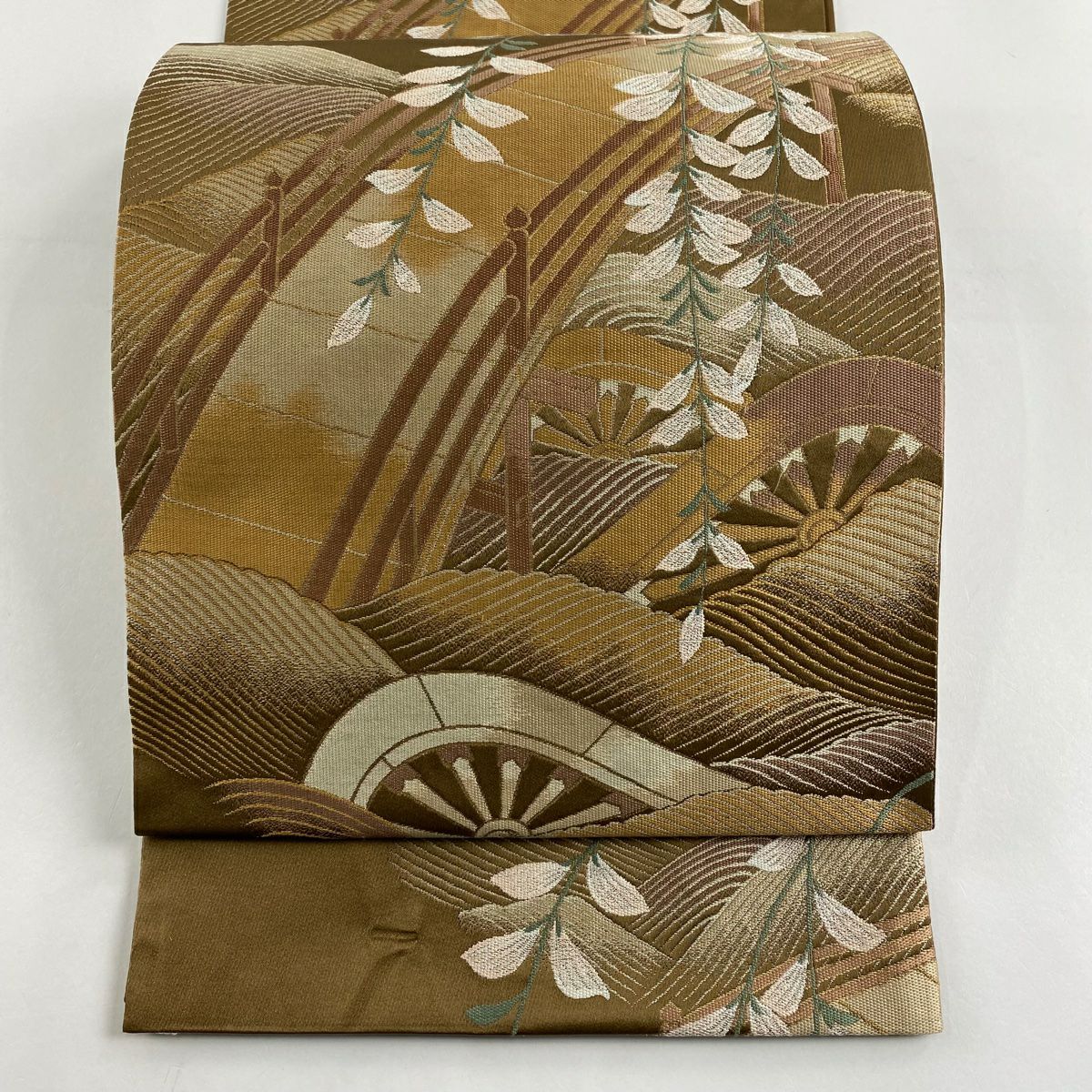 【庫存清倉】 袋帶 名品級 貝島春美 落款 美麗 片輪車 橋 金金箔 茶 六通 純蠶絲