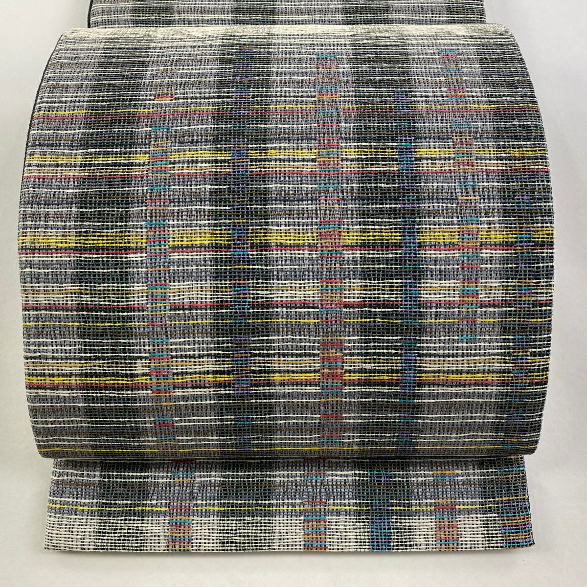 【美品】 袋帶 逸品級 じゅらく 落款あり やまと 格子 青灰 深藍色 お太鼓柄 純蠶絲