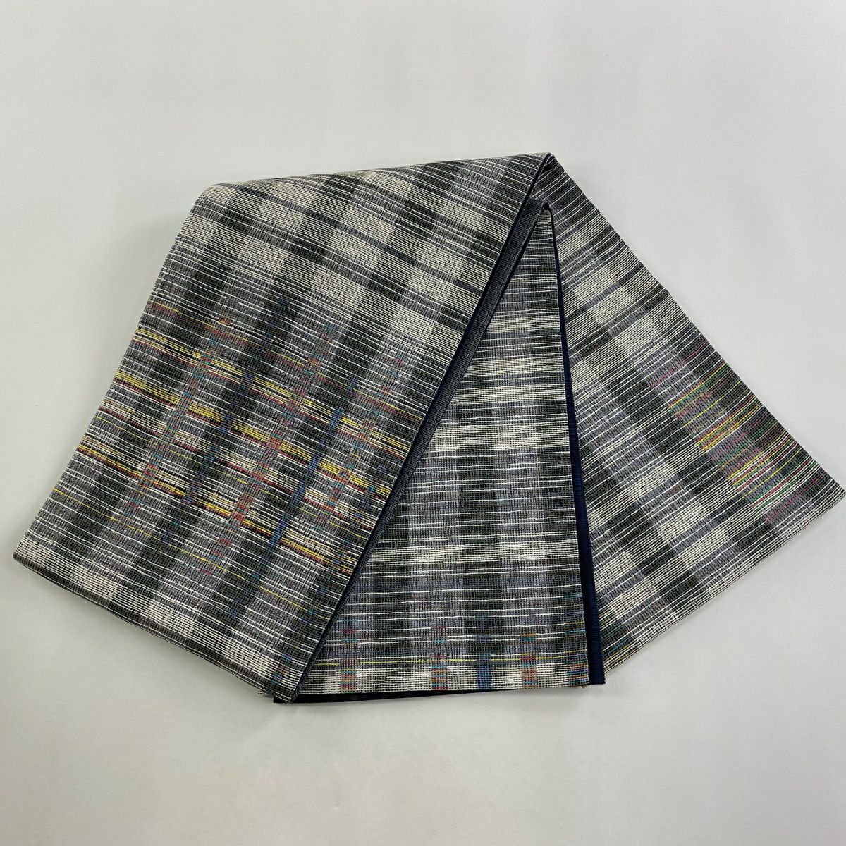 【美品】 袋帶 逸品級 じゅらく 落款あり やまと 格子 青灰 深藍色 お太鼓柄 純蠶絲