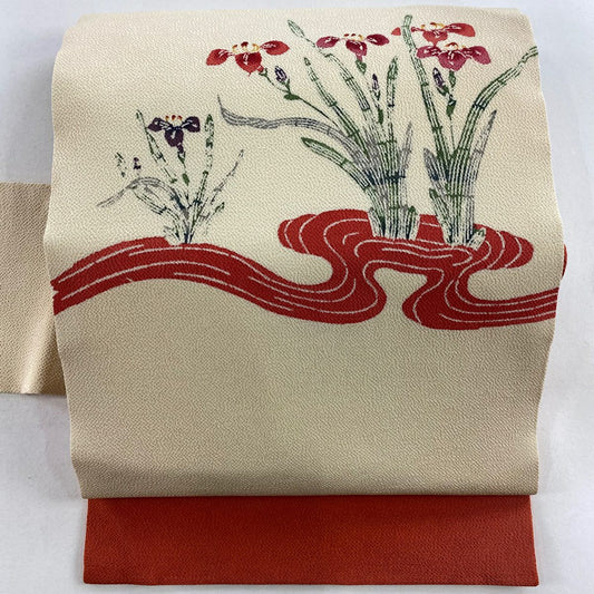 名古屋帶 優品級 菖蒲 流水 縮緬 米色 純蠶絲