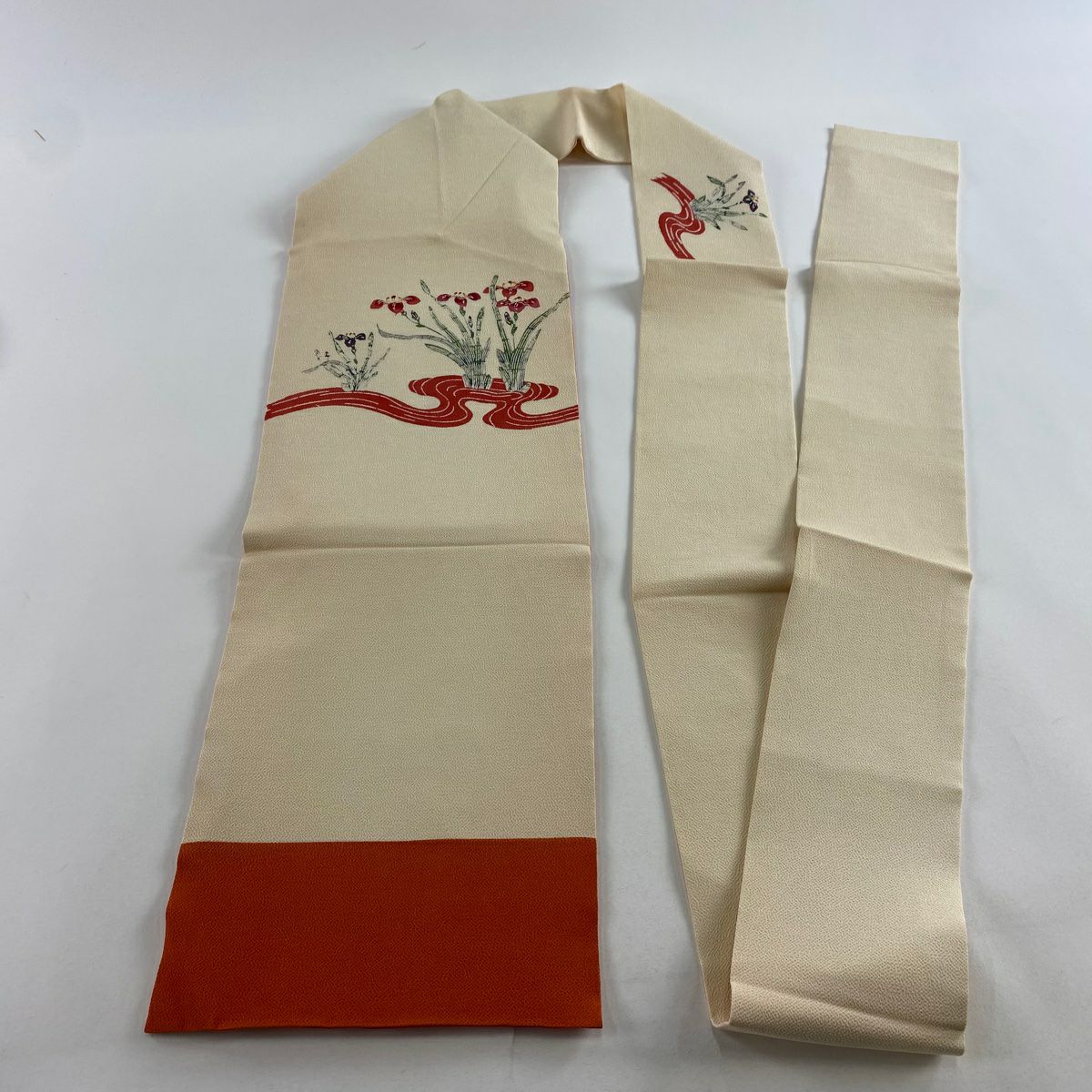 名古屋帶 優品級 菖蒲 流水 縮緬 米色 純蠶絲