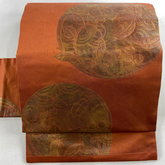 【美品】名古屋帶 優品級 關西仕立 雙圓紋 葉與果 金金箔 紅茶 純蠶絲