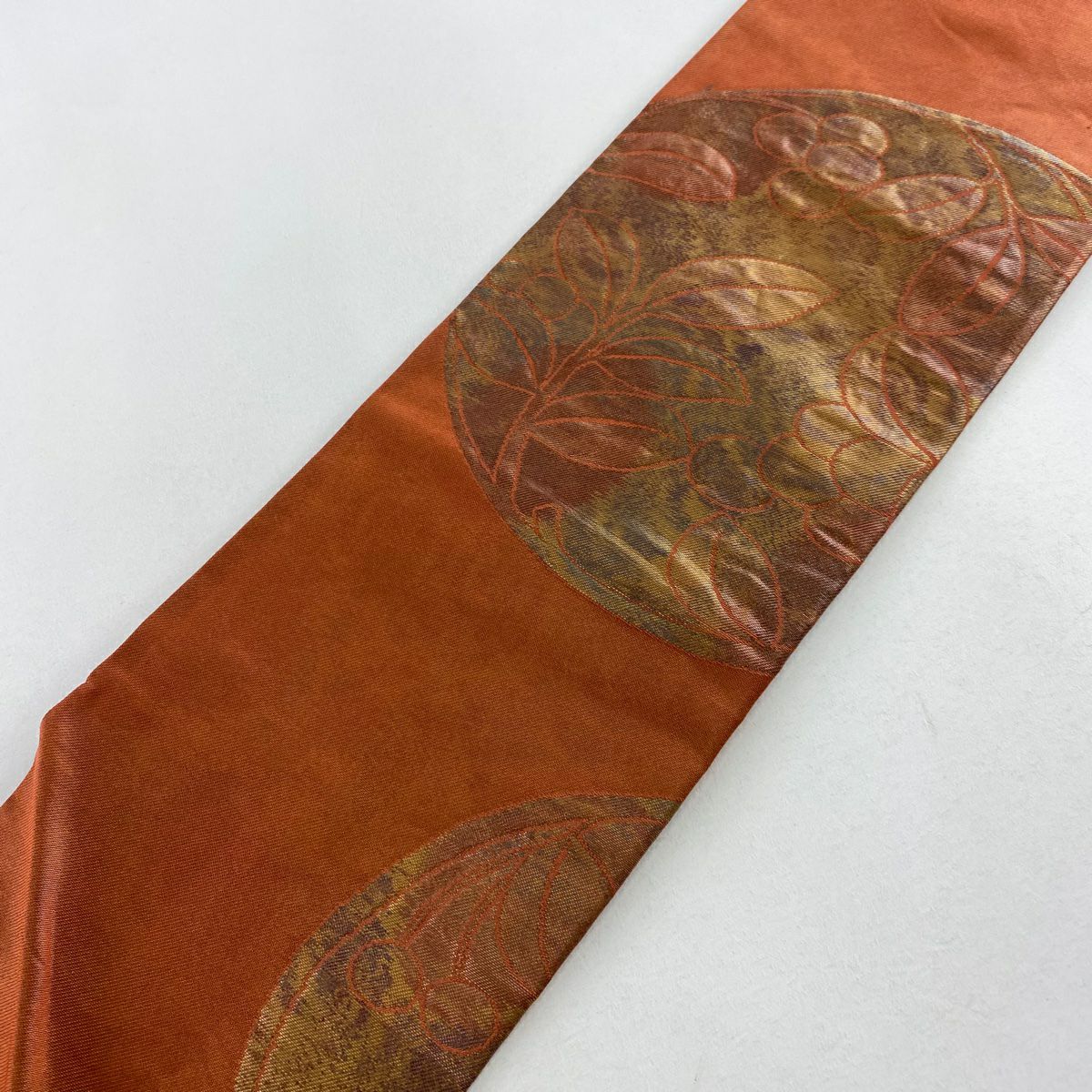 【美品】名古屋帶 優品級 關西仕立 雙圓紋 葉與果 金金箔 紅茶 純蠶絲