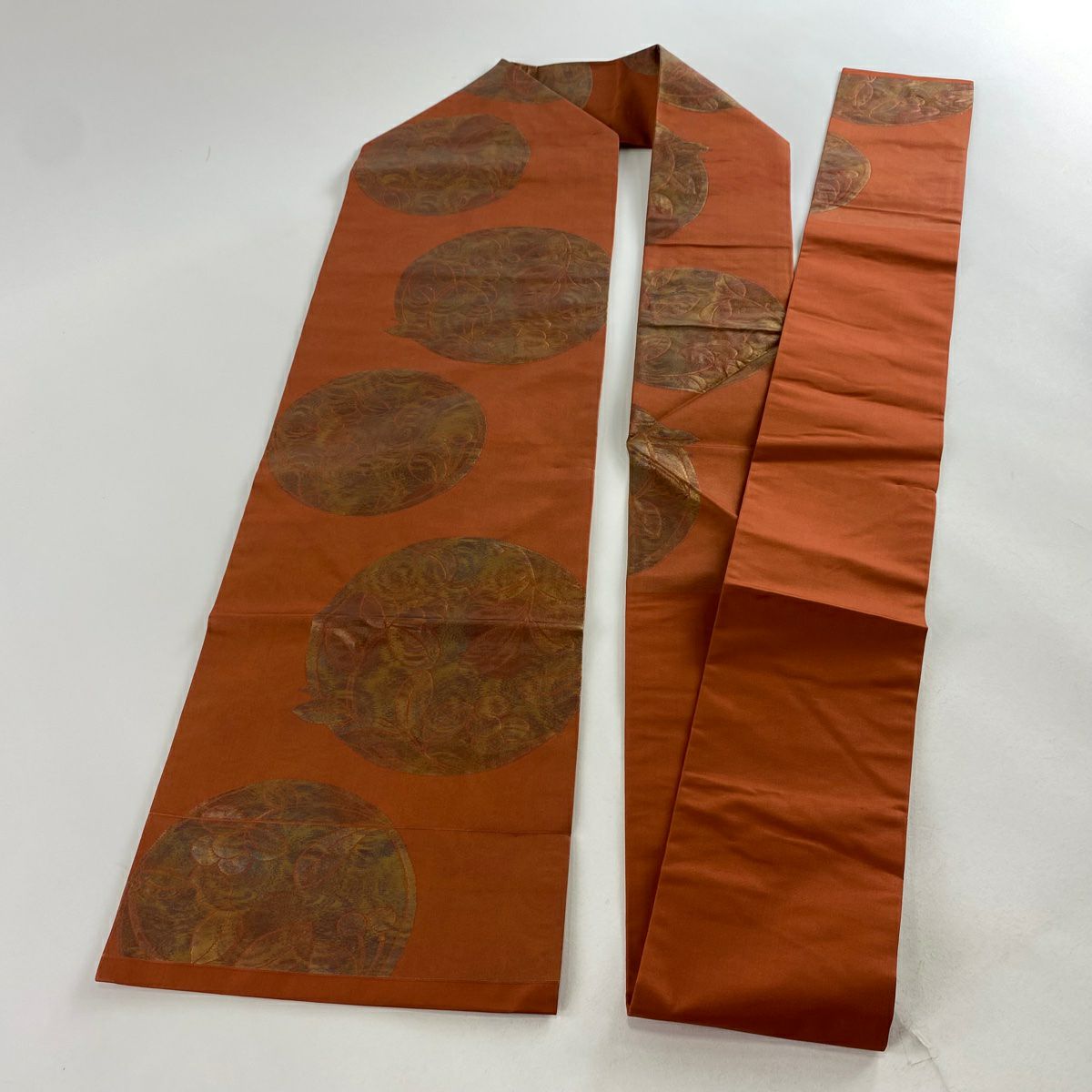 【美品】名古屋帶 優品級 關西仕立 雙圓紋 葉與果 金金箔 紅茶 純蠶絲