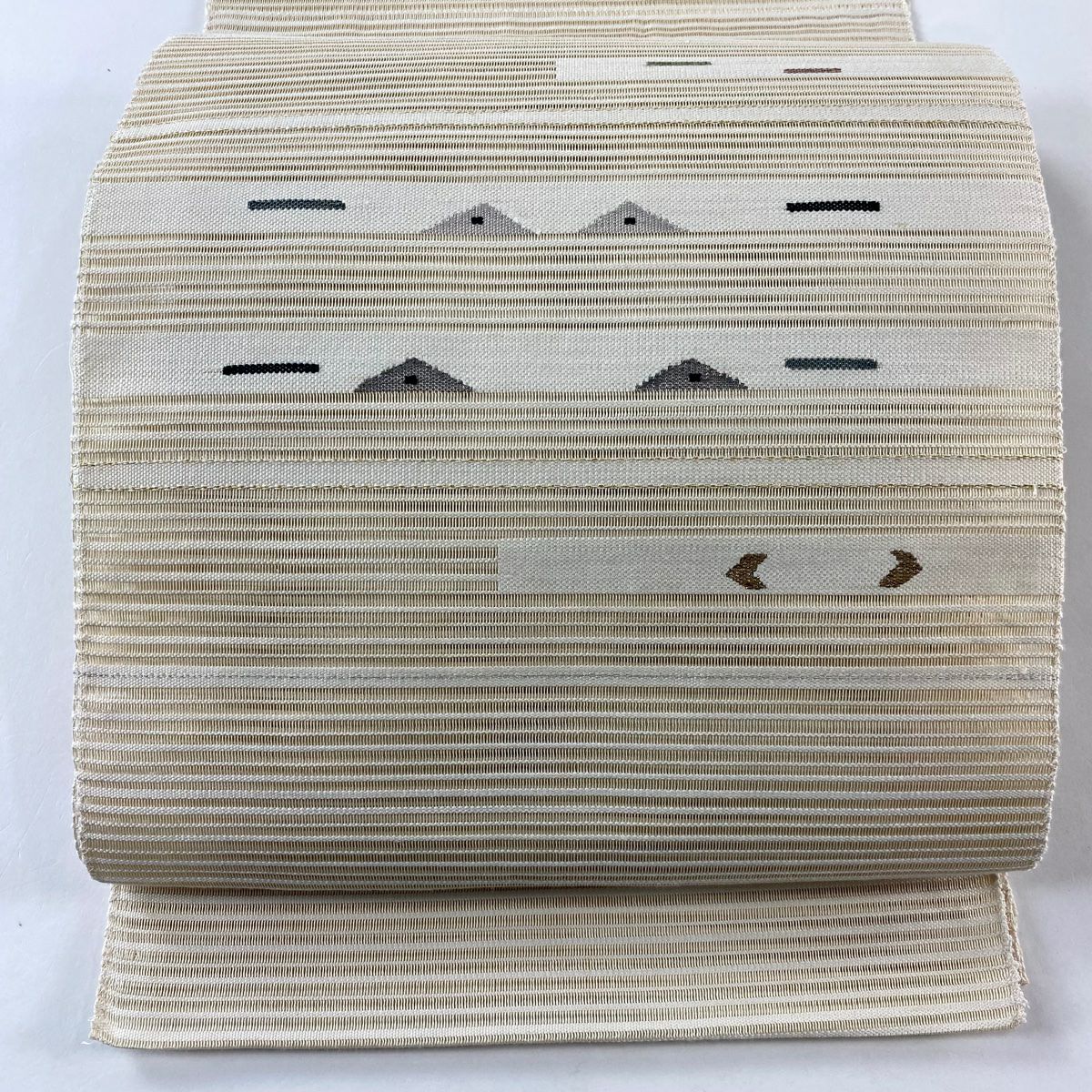名古屋帶 優品級 夏帶 八寸名古屋帶 條紋 幾何圖案 金絲 奶油色 純蠶絲
