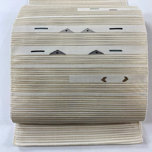 名古屋帶 優品級 夏帶 八寸名古屋帶 條紋 幾何圖案 金絲 奶油色 純蠶絲