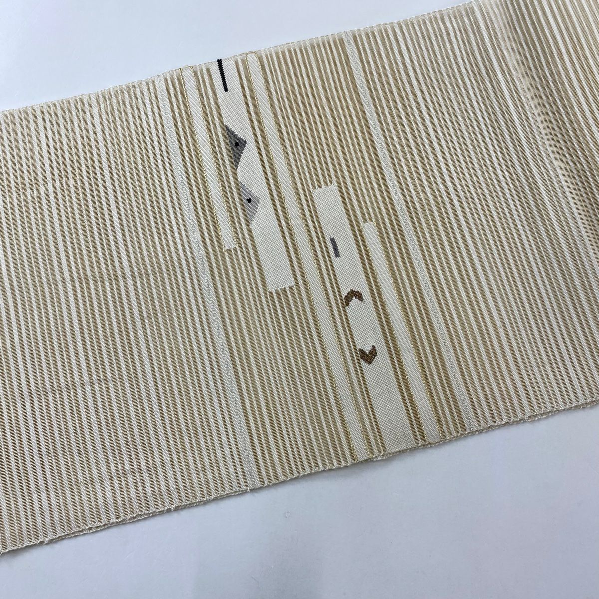 名古屋帶 優品級 夏帶 八寸名古屋帶 條紋 幾何圖案 金絲 奶油色 純蠶絲