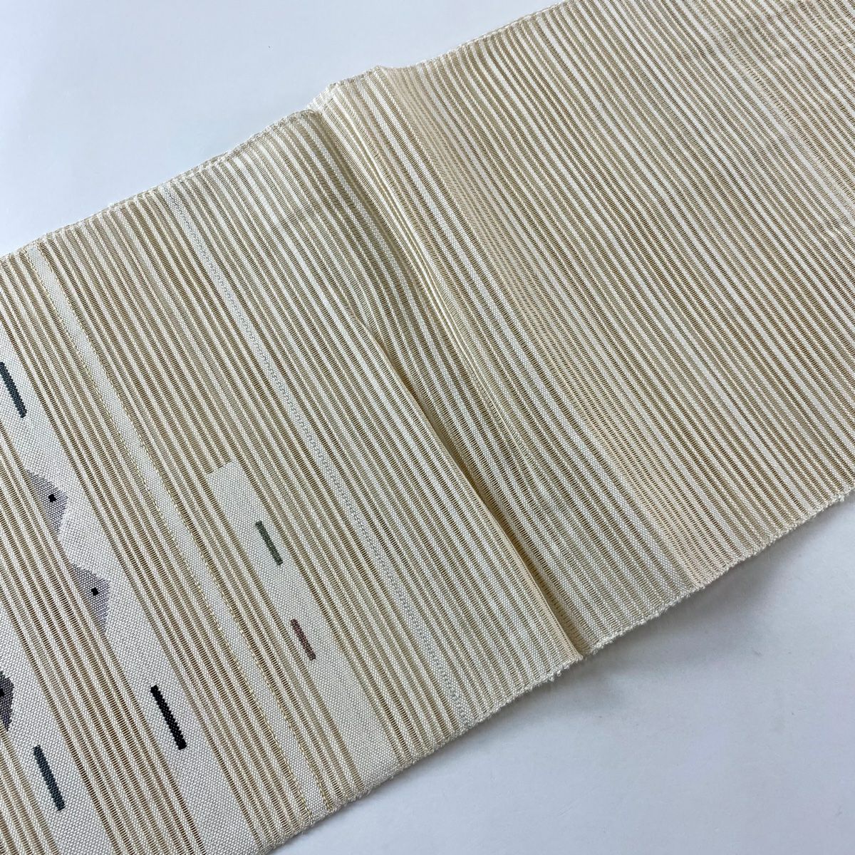 名古屋帶 優品級 夏帶 八寸名古屋帶 條紋 幾何圖案 金絲 奶油色 純蠶絲