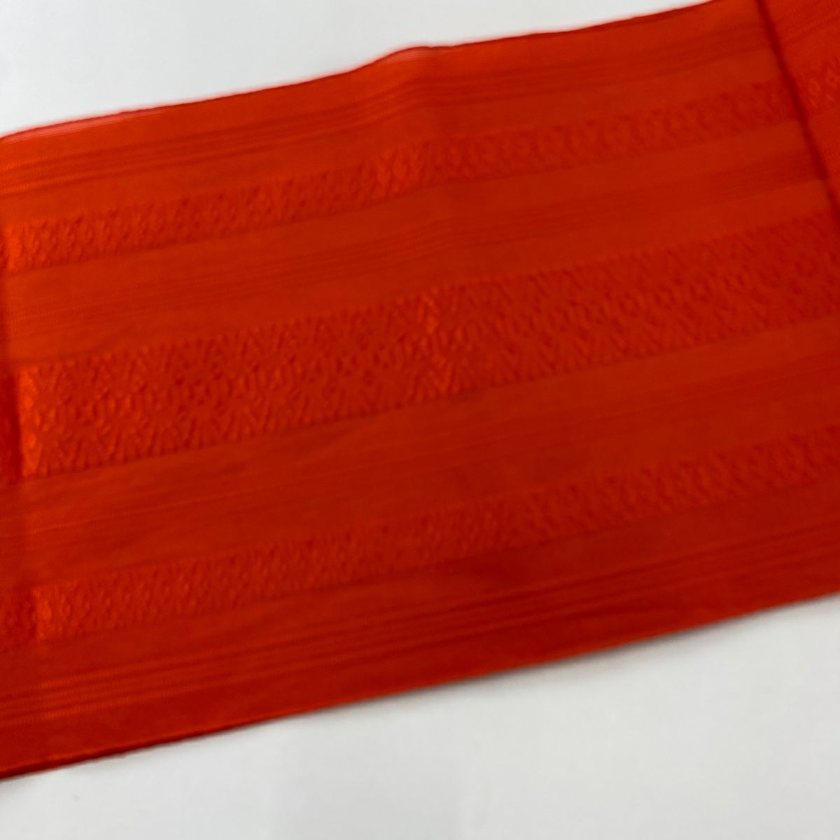 【美品】名古屋帶 優品級 夏帶 八寸名古屋帶 松樹葉仕立 雜紋 幾何圖案 朱色 純蠶絲
