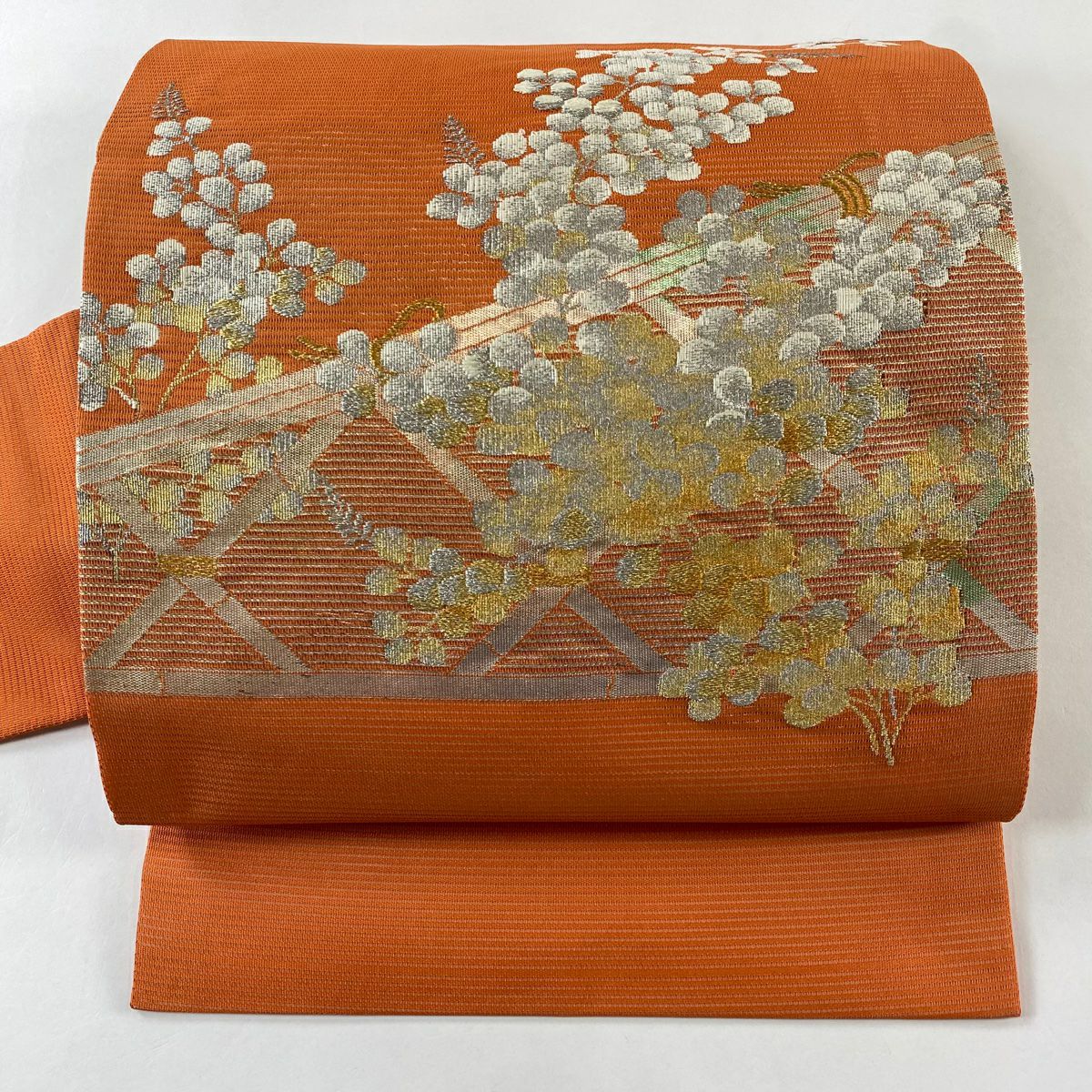 【美品】名古屋帶 優品級 夏帶 萩 金銀糸 橙色 純蠶絲