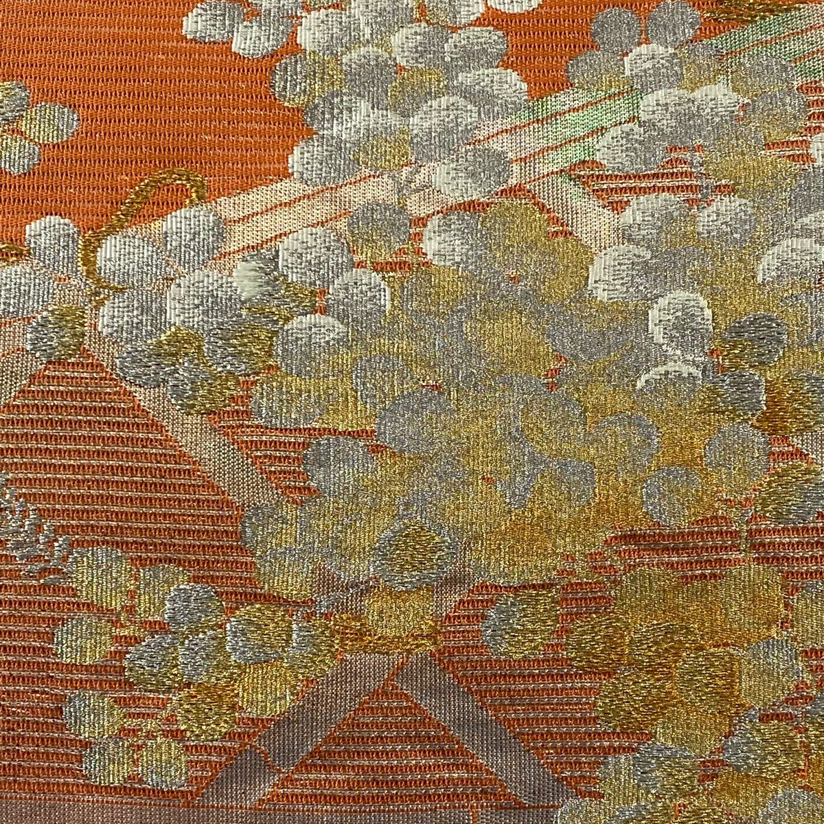 【美品】名古屋帶 優品級 夏帶 萩 金銀糸 橙色 純蠶絲
