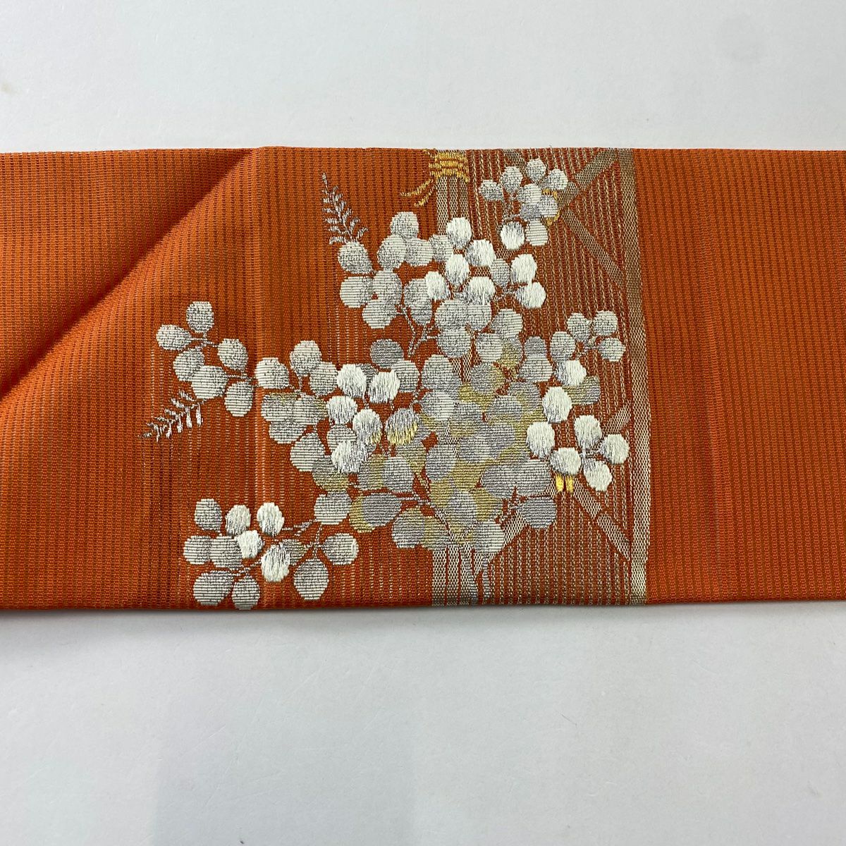 【美品】名古屋帶 優品級 夏帶 萩 金銀糸 橙色 純蠶絲