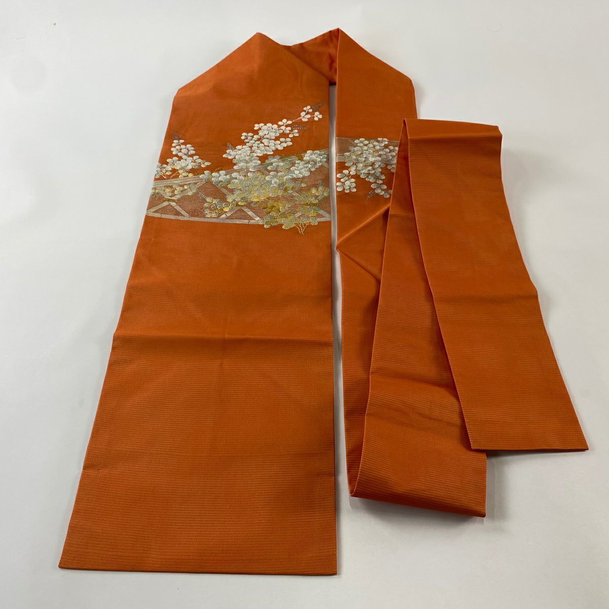 【美品】名古屋帶 優品級 夏帶 萩 金銀糸 橙色 純蠶絲