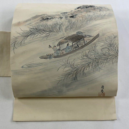名古屋帶 優品級 落款 舟 人物 奶油色 純蠶絲