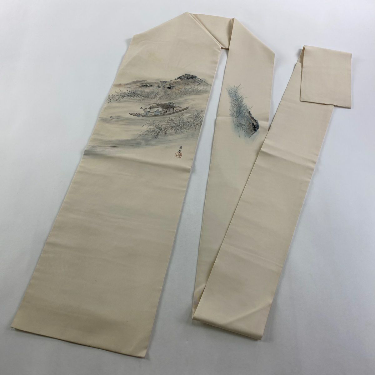 名古屋帶 優品級 落款 舟 人物 奶油色 純蠶絲