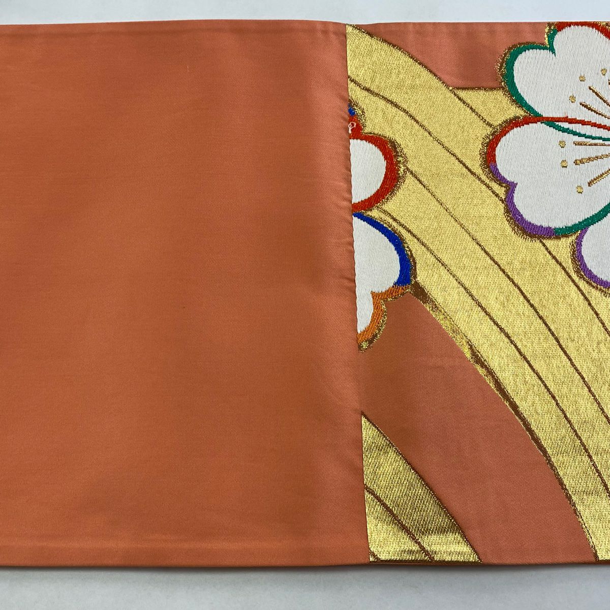 袋帶 優品級 櫻花 幾何學 金絲 金金箔 鮭粉色 六通 純蠶絲