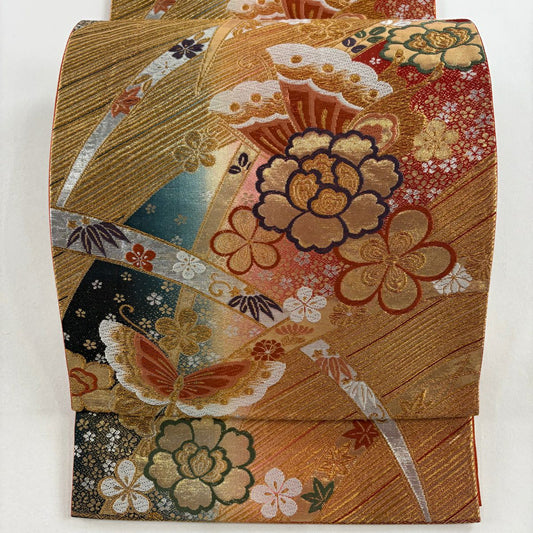 袋帶 秀品級 關西仕立 雛蝶 梅花花 唐織 金金箔 金色 六通 純蠶絲