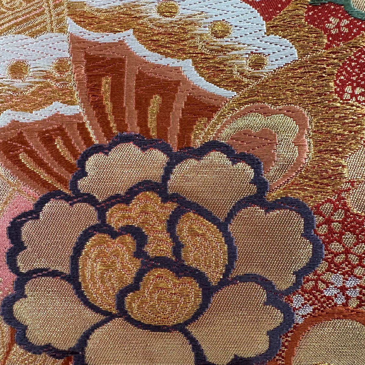 袋帶 秀品級 關西仕立 雛蝶 梅花花 唐織 金金箔 金色 六通 純蠶絲