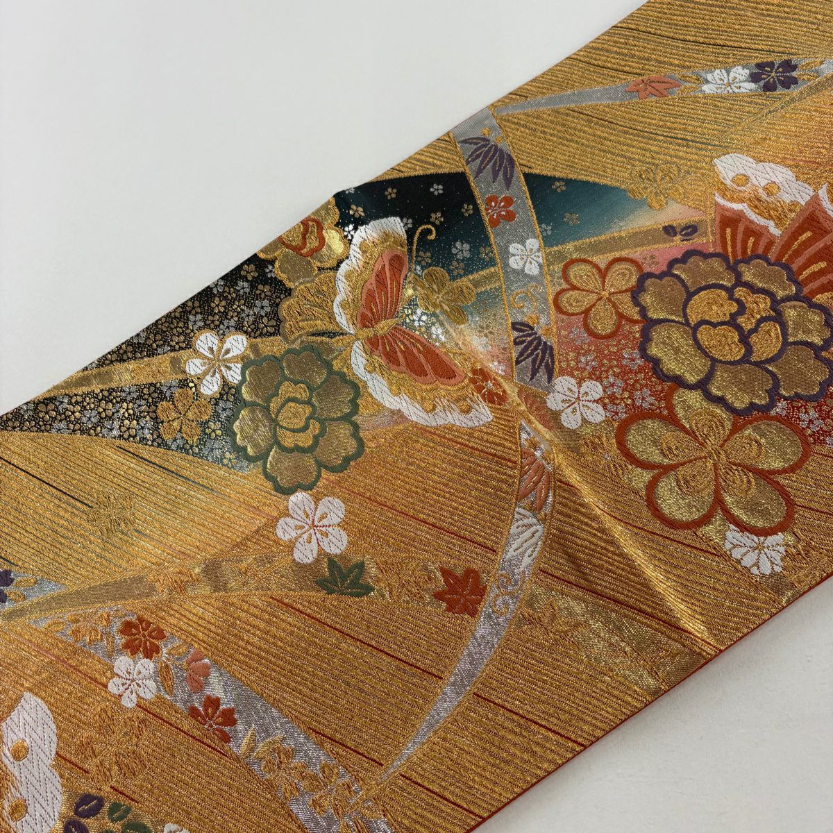 袋帶 秀品級 關西仕立 雛蝶 梅花花 唐織 金金箔 金色 六通 純蠶絲