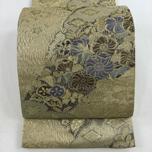 袋帶 秀品級 草花紋紋 雪輪 金絲 金 六通 純蠶絲