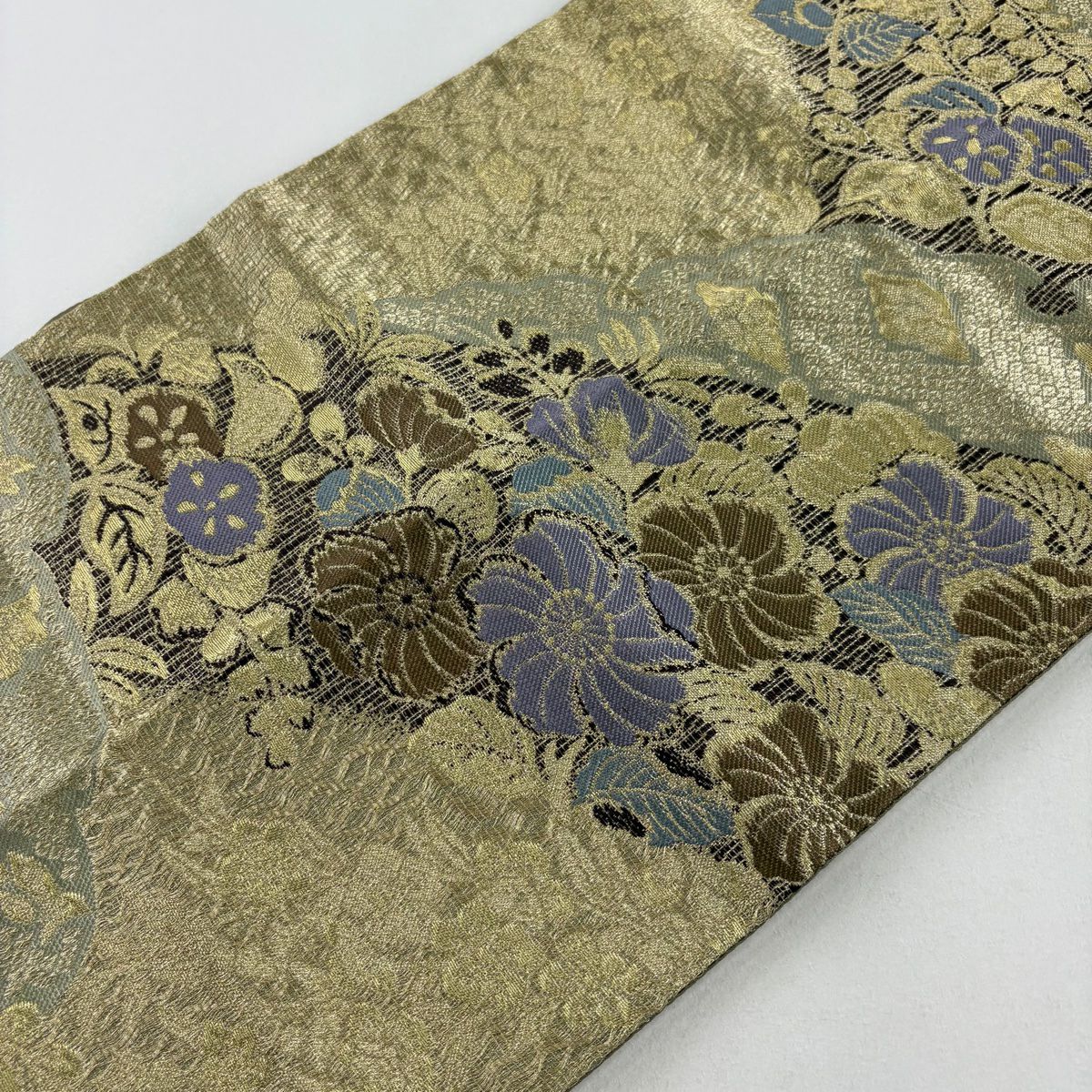 袋帶 秀品級 草花紋紋 雪輪 金絲 金 六通 純蠶絲