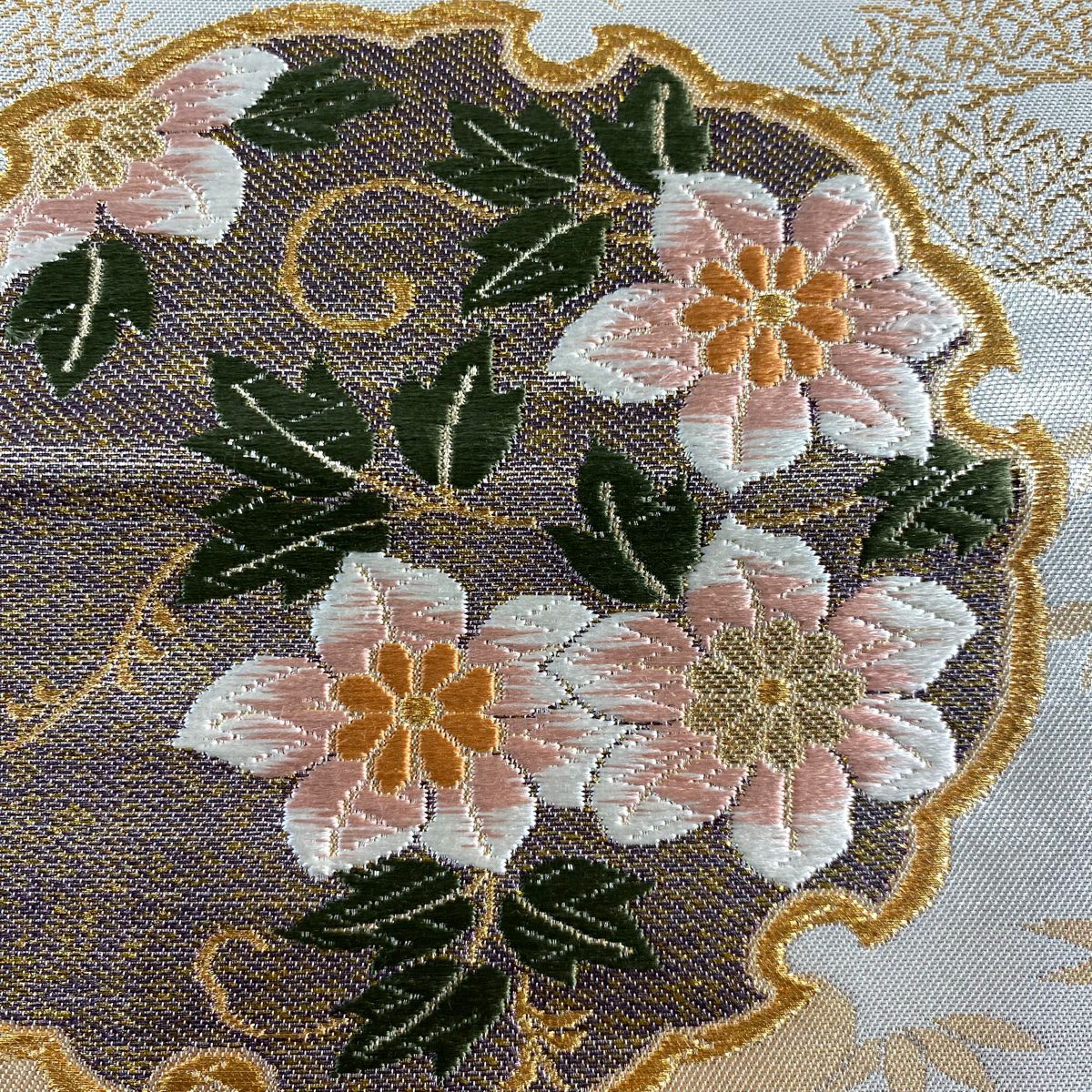 袋帶 秀品級 雪輪 草花紋 金銀彩 金金箔 銀 六通 純蠶絲
