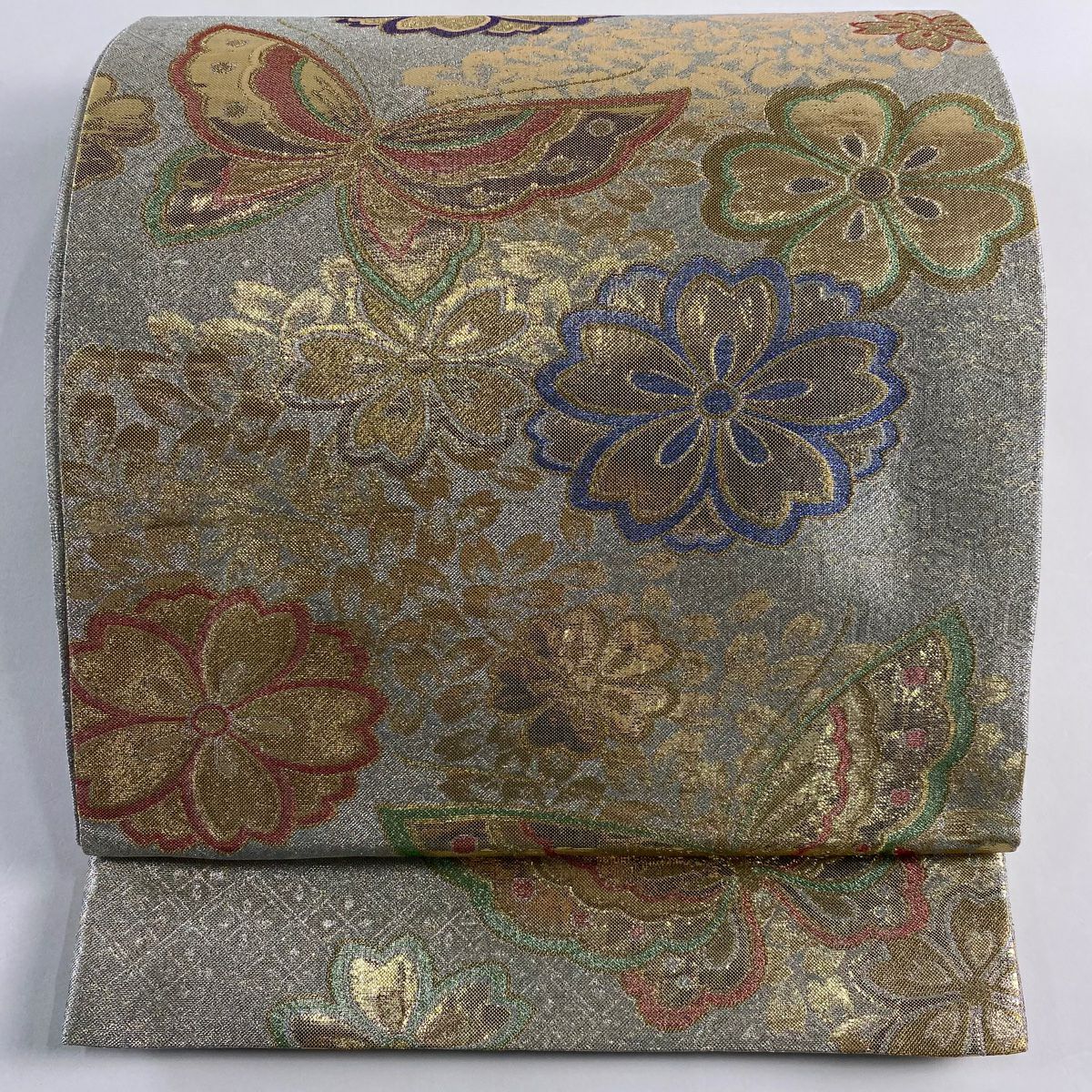 【美品】 袋帶 秀品級櫻花 蝴蝶 金銀彩 金金箔 銀色 六通 純蠶絲
