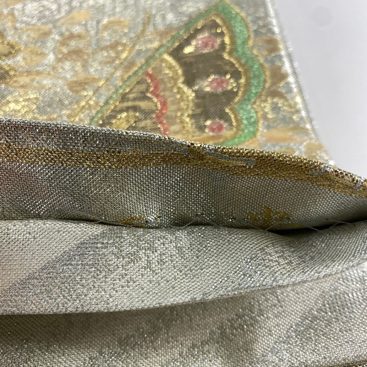 【美品】 袋帶 秀品級櫻花 蝴蝶 金銀彩 金金箔 銀色 六通 純蠶絲