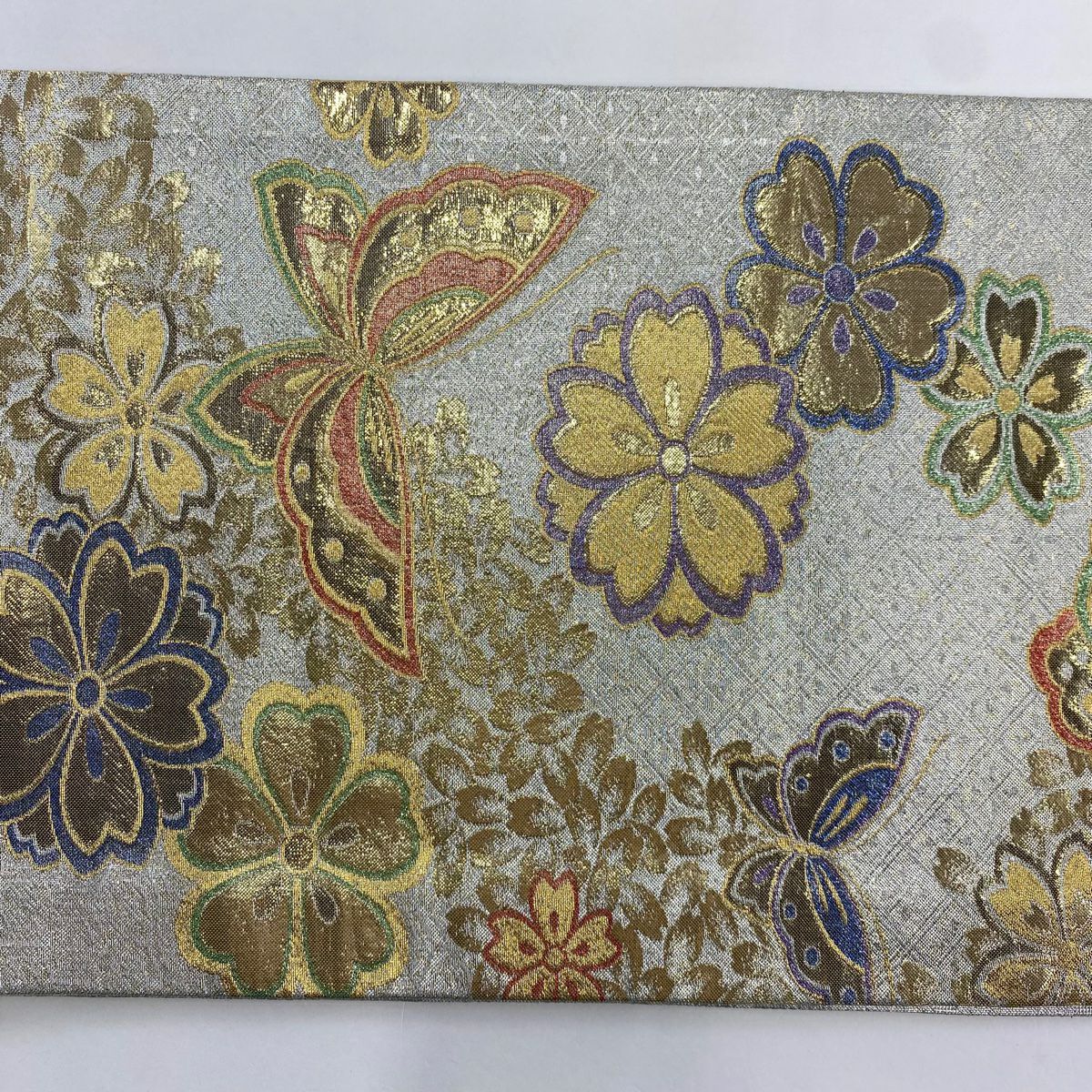 【美品】 袋帶 秀品級櫻花 蝴蝶 金銀彩 金金箔 銀色 六通 純蠶絲