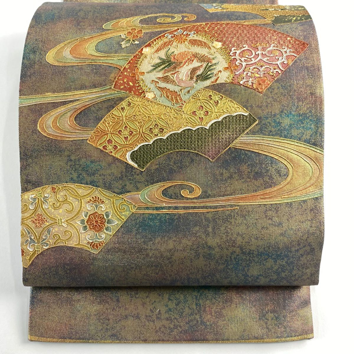 【美品】 袋帶 秀品級 關西仕立 雲扇子 花鳥 金銀彩 金金箔 青紫 大鼓圖案 純蠶絲