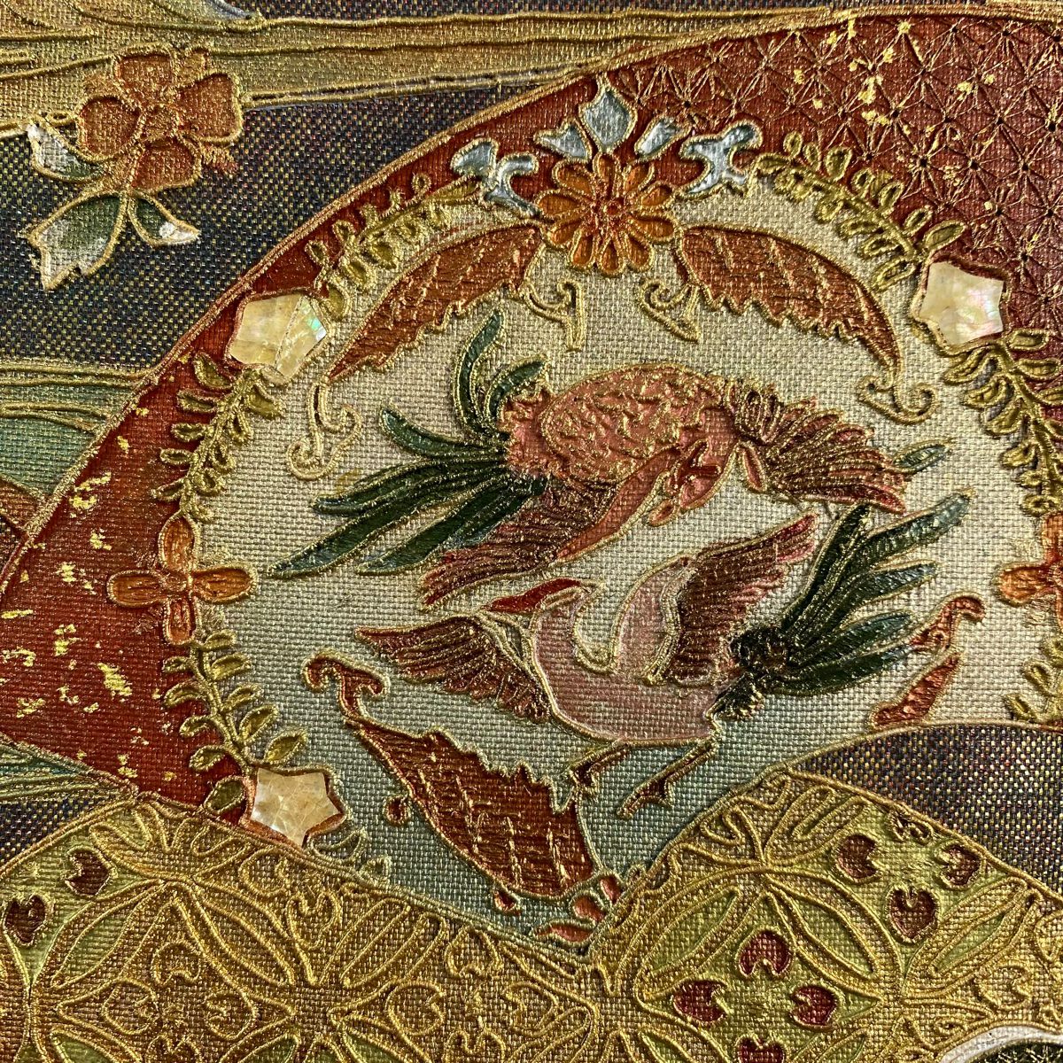 【美品】 袋帶 秀品級 關西仕立 雲扇子 花鳥 金銀彩 金金箔 青紫 大鼓圖案 純蠶絲