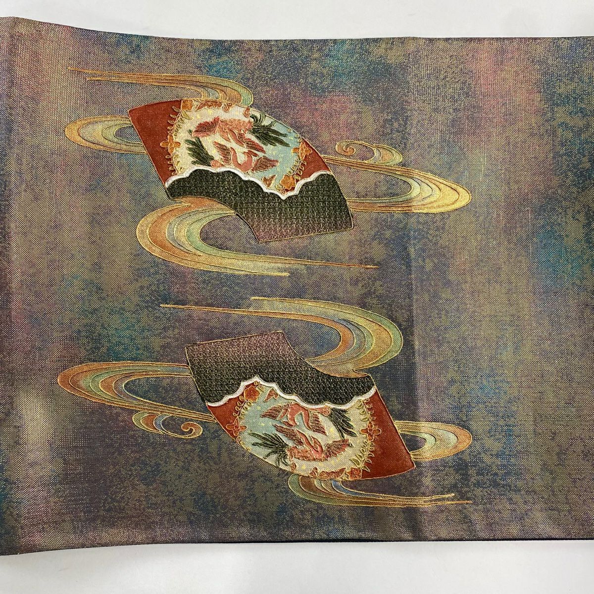 【美品】 袋帶 秀品級 關西仕立 雲扇子 花鳥 金銀彩 金金箔 青紫 大鼓圖案 純蠶絲