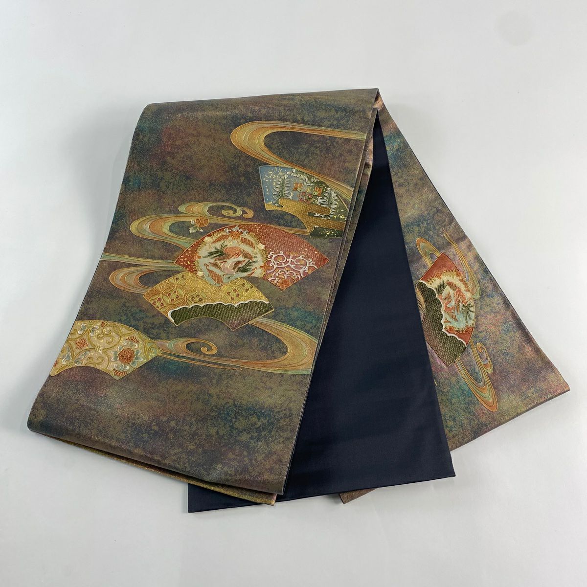 【美品】 袋帶 秀品級 關西仕立 雲扇子 花鳥 金銀彩 金金箔 青紫 大鼓圖案 純蠶絲
