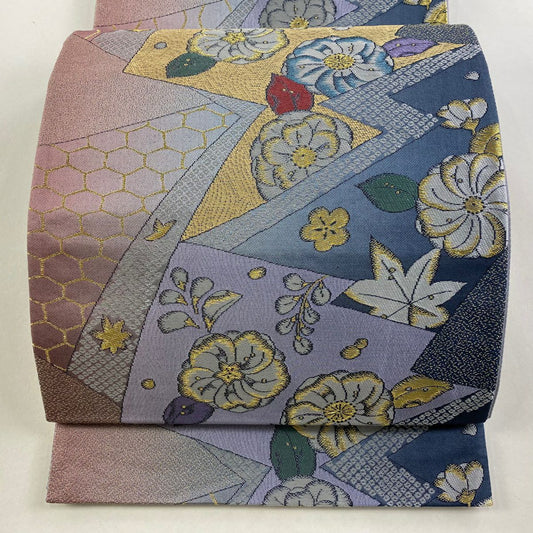 袋帶 秀品級 草花紋紋 龜甲 金絲 青灰 六通 純蠶絲