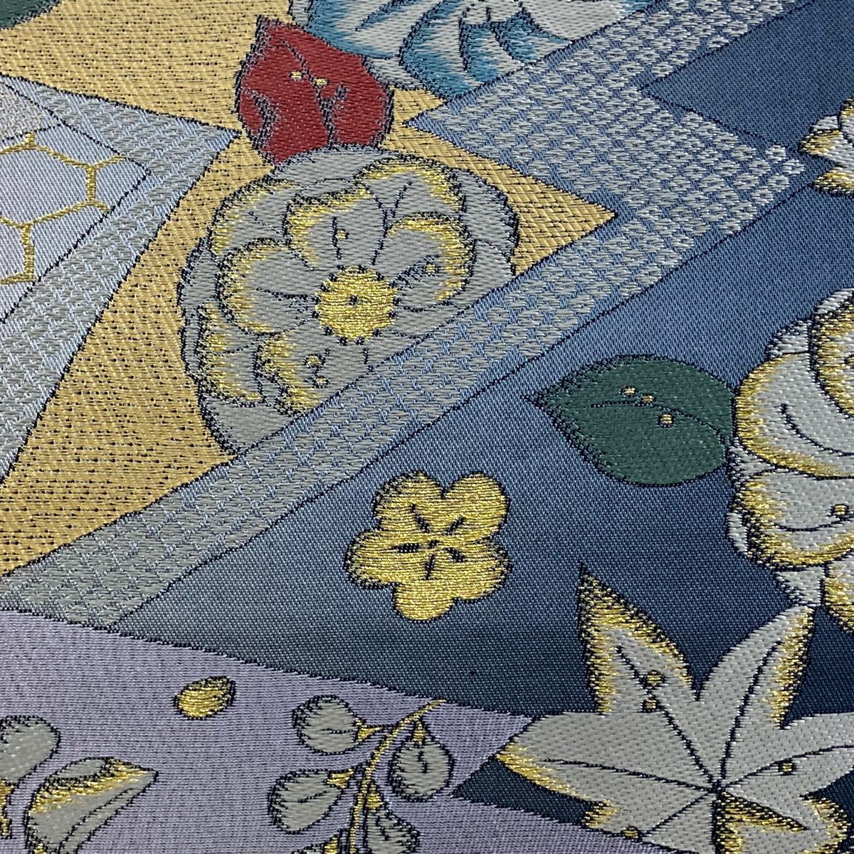 袋帶 秀品級 草花紋紋 龜甲 金絲 青灰 六通 純蠶絲