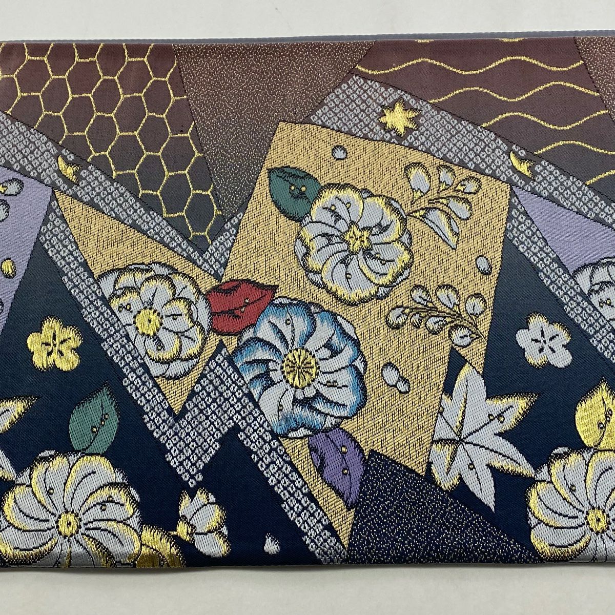 袋帶 秀品級 草花紋紋 龜甲 金絲 青灰 六通 純蠶絲