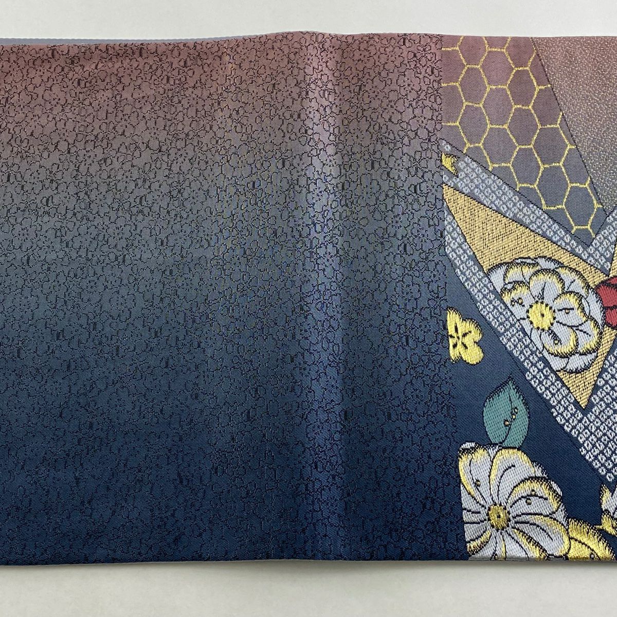 袋帶 秀品級 草花紋紋 龜甲 金絲 青灰 六通 純蠶絲